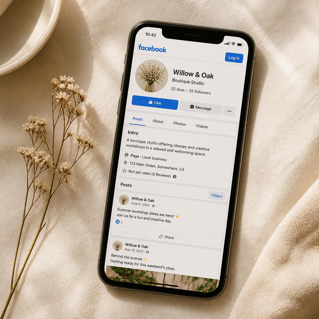 Willow & Oak boutique studio Facebook page on a phone